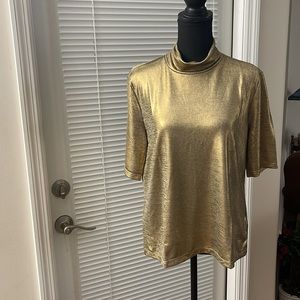 Lauren Lightweight Gold Metallic Elbow Length Sleeve Turtleneck Top